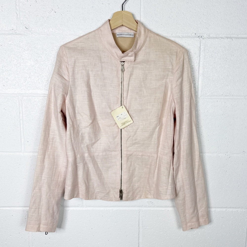 Brunello Cucinelli Linen Blend Zip Up Moto Jacket Womens Pink Size Large